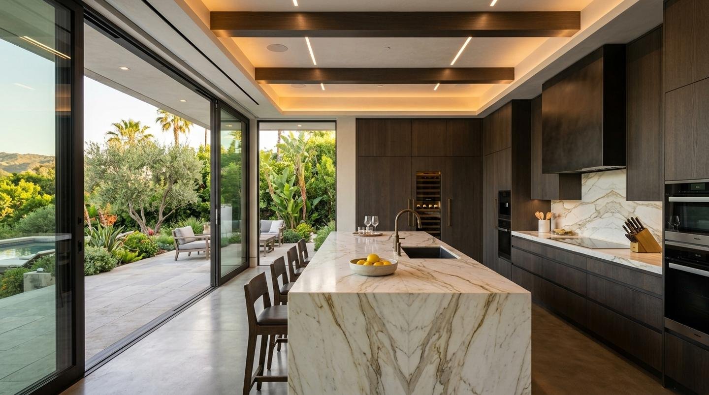 Luxury kitchen with a marble waterfall island and glass walls opening to the garden