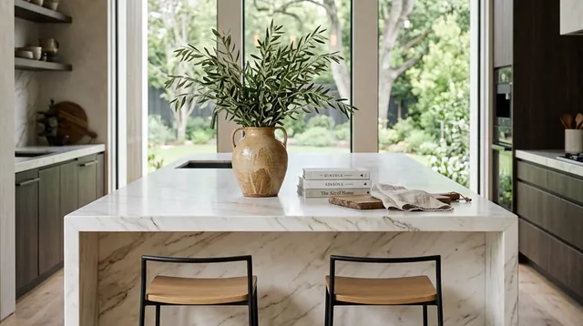 A bright marble kitchen island ready for an in-home design consultation