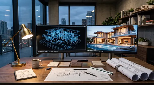 3D architectural model and house rendering on a designer's desk