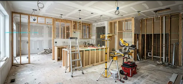 Kitchen remodel in progress with new framing and rough-ins