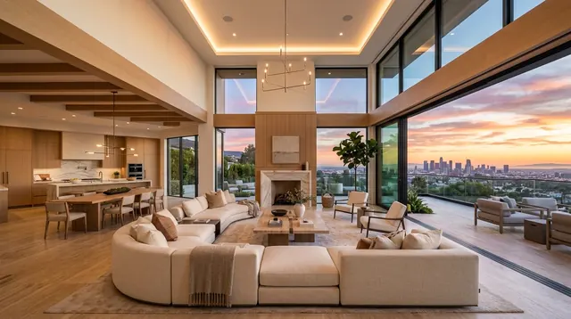 Finished open-plan living room with city views at sunset